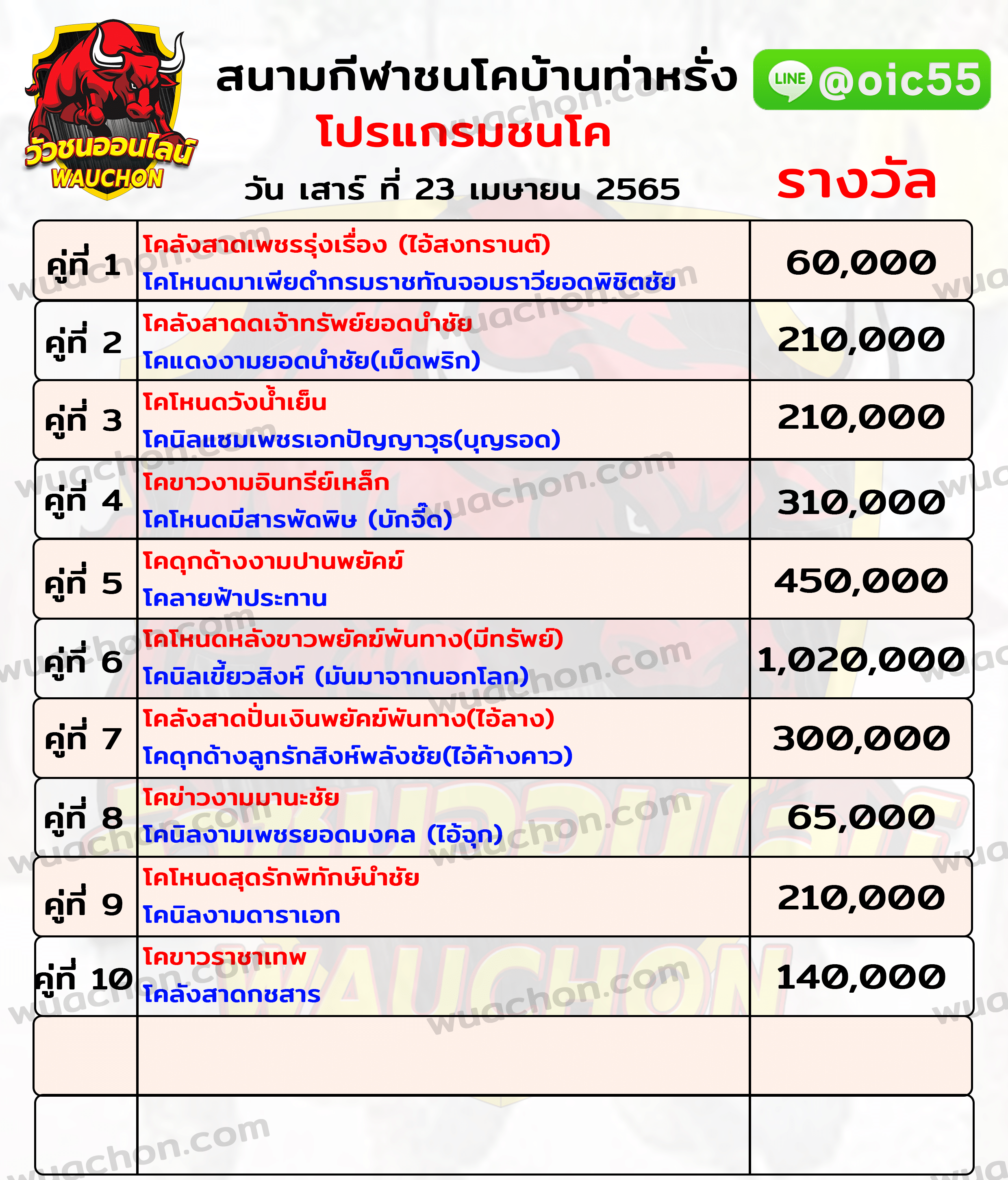 You are currently viewing สนามกีฬาชนโคบ้านท่าหรั่ง โปรแกรมชนโค วัน อาทิตย์ ที่ 17 เมษายน 2565 รางวัล