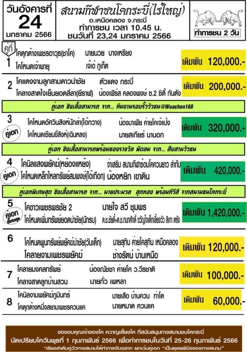 You are currently viewing สนามกีฬาชนโคกระบี่ 24 มกราคม 2566