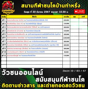 Read more about the article รายการวัวชน สนามชนโคบ้านท่าหรั่ง 20 มีนาคม 2567