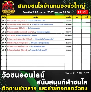 Read more about the article รายการวัวชน สนามกีฬาชนโคหนองบัวใหญ่ 28 เมษายน 2567