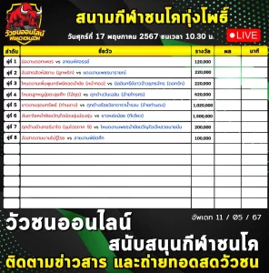 Read more about the article รายการวัวชน สนามกีฬาชนโคทุ่งโพธิ์ 17 พฤษภาคม 2567