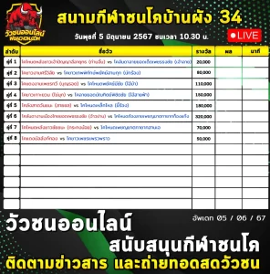 Read more about the article รายการวัวชน สนามกีฬาชนโคอุใดเจริญ ผัง34 05 มิถุนายน 2567