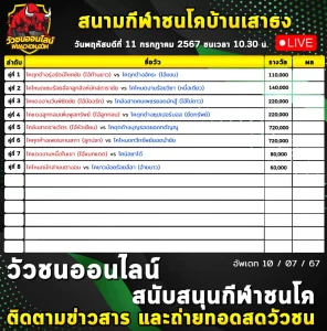 Read more about the article รายการวัวชน สนามกีฬาชนโคบ้านเสาธง 11 กรกฎาคม 2567