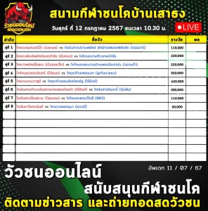 Read more about the article รายการวัวชน สนามกีฬาชนโคบ้านเสาธง 12 กรกฎาคม 2567