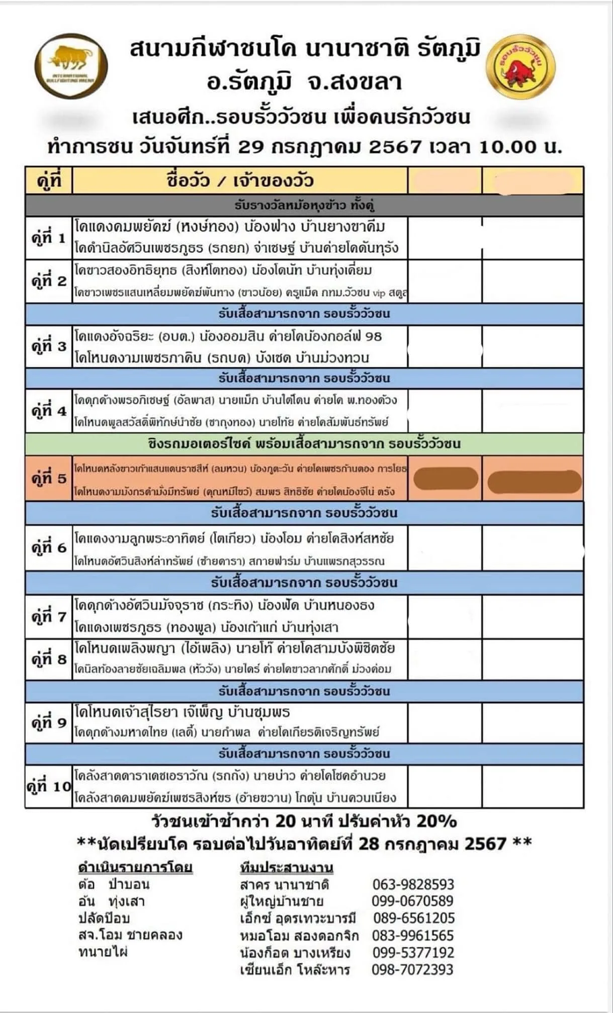 You are currently viewing รายการวัวชน สนามกีฬาชนโคนานาชาติ 29 กรกฎาคม 2567