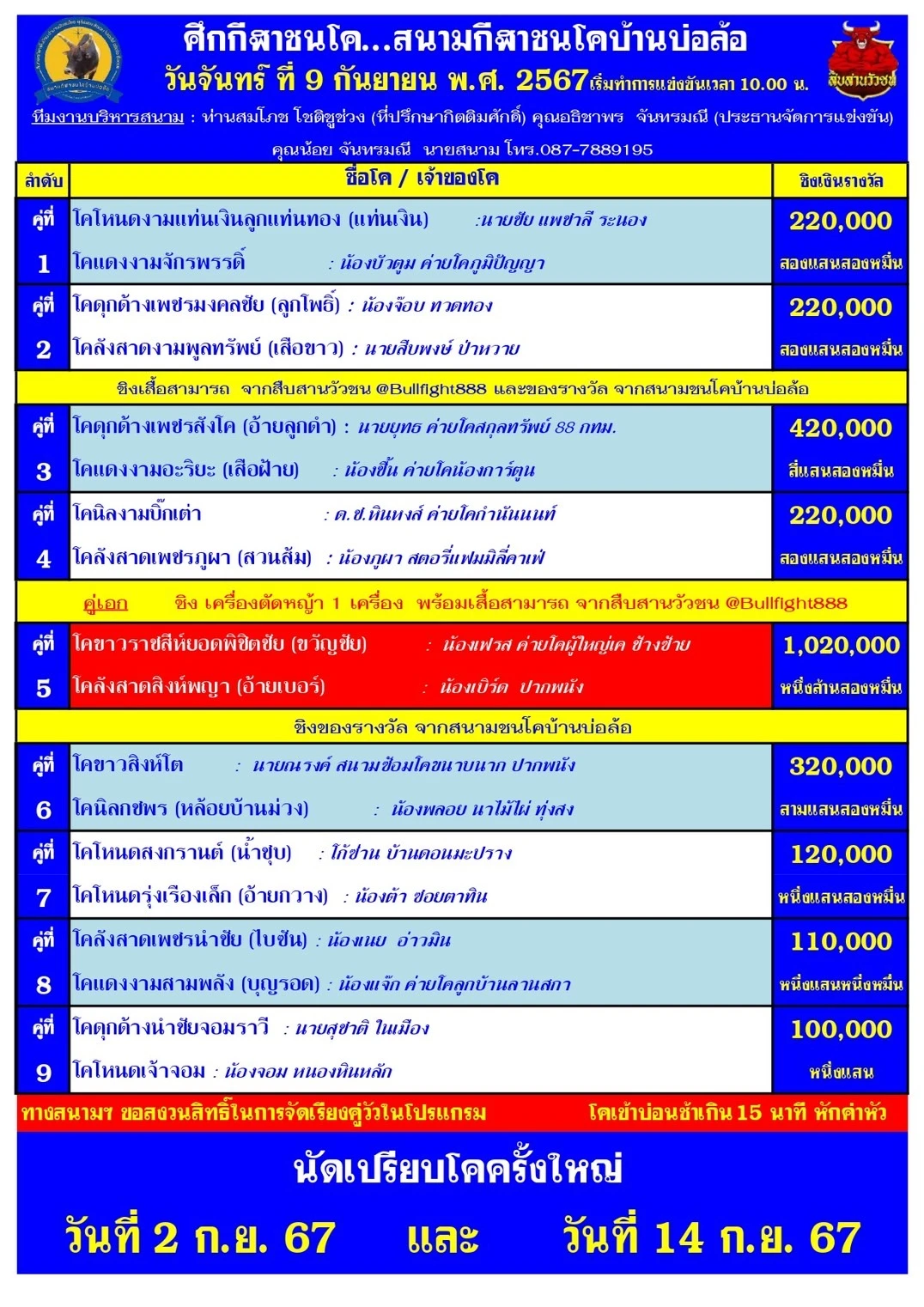 You are currently viewing รายการวัวชน สนามกีฬาชนโคบ้านบ่อล้อ 09 กันยายน 2567