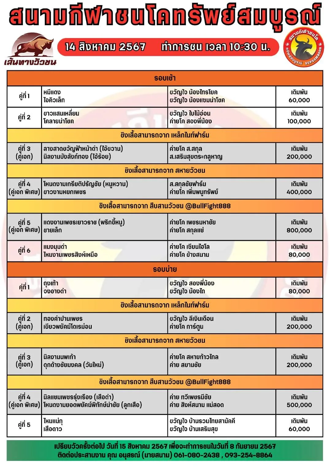 You are currently viewing รายการวัวชน สนามกีฬาชนโคทรัพย์สมบูรณ์  14 สิงหาคม 2567