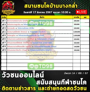 Read more about the article รายการวัวชน สนามกีฬาชนโคบ้านบางกล่ำ 17 สิงหาคม 2567