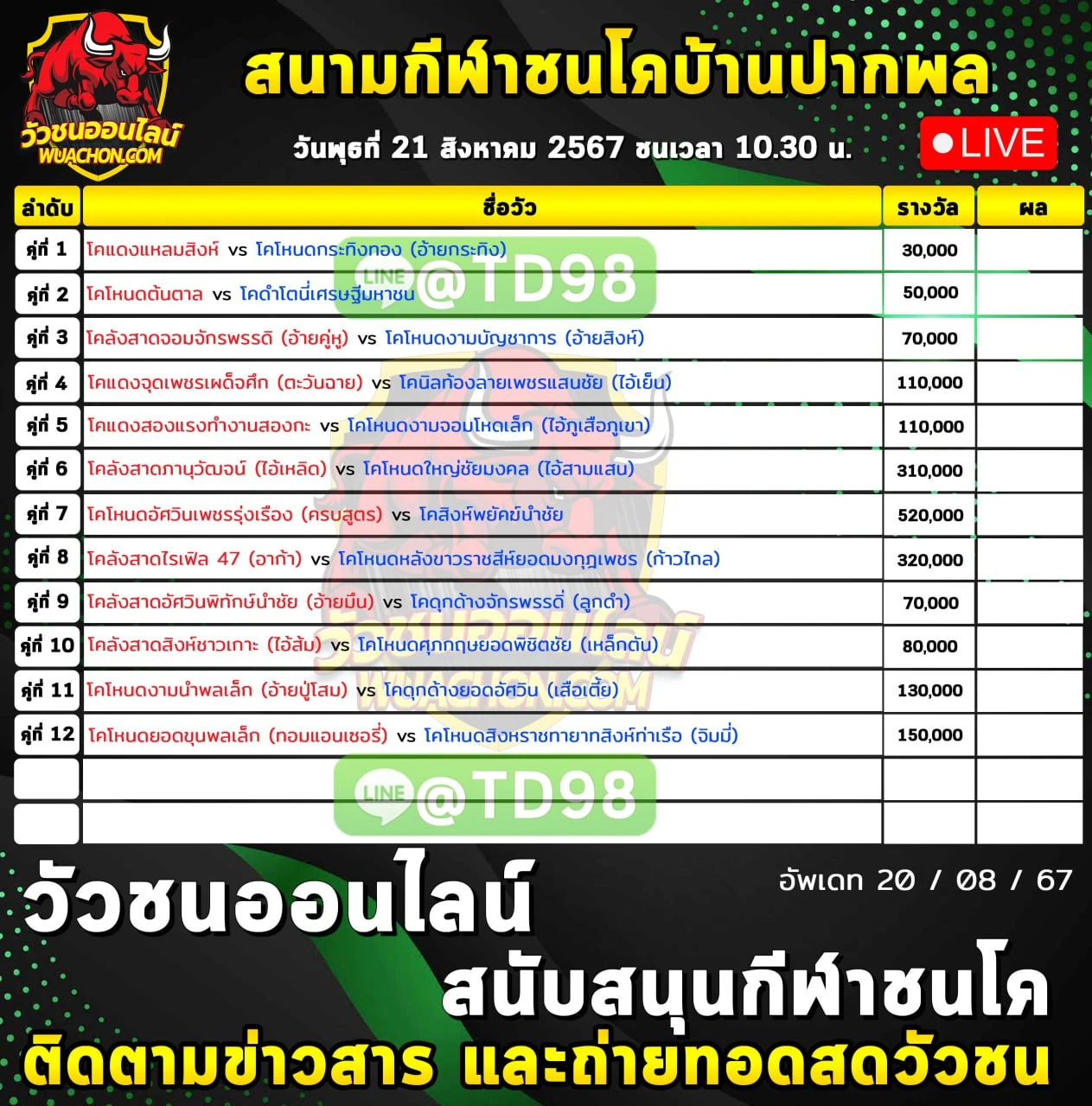 You are currently viewing รายการวัวชน สนามกีฬาชนโคบ้านปากพล 21 สิงหาคม 2567