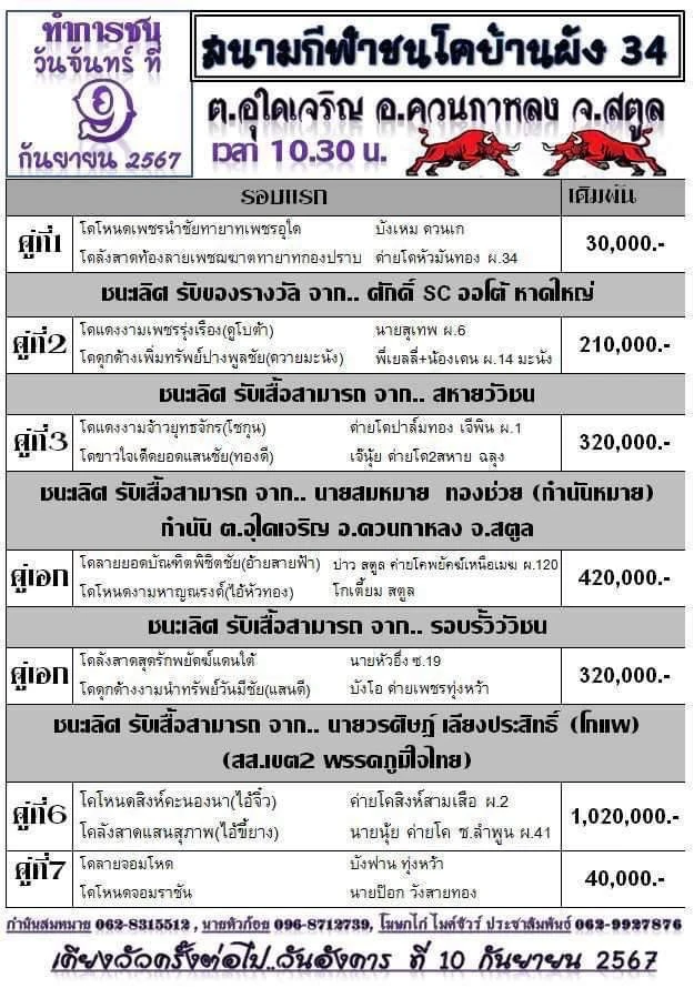 You are currently viewing รายการวัวชน สนามกีฬาชนโคอุใดเจริญ ผัง34 09 กันยายน 2567