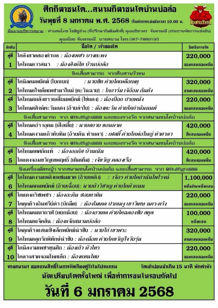 You are currently viewing รายการวัวชน สนามกีฬาชนโคบ้านบ่อล้อ 08 มกราคม 2568